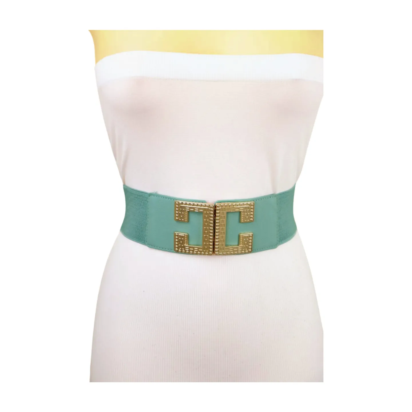 Women Jade Teal Elastic Wide Fashion Belt Hip Waist Gold Metal C Buckle S M
