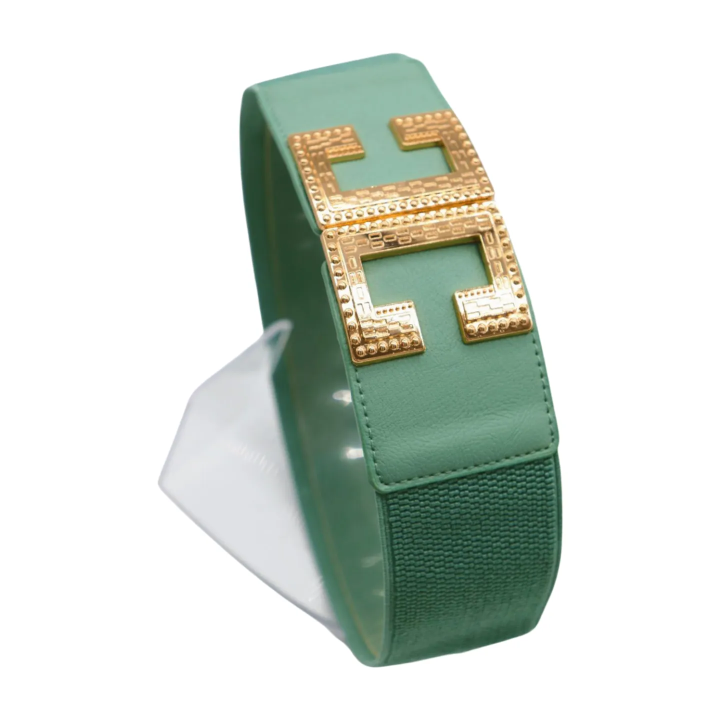 Women Jade Teal Elastic Wide Fashion Belt Hip Waist Gold Metal C Buckle S M