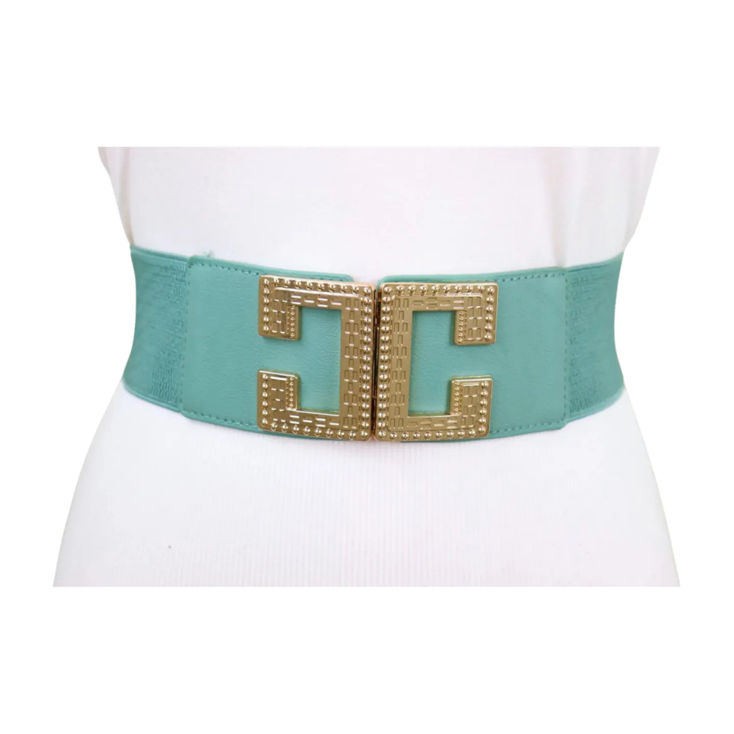 Women Jade Teal Elastic Wide Fashion Belt Hip Waist Gold Metal C Buckle S M