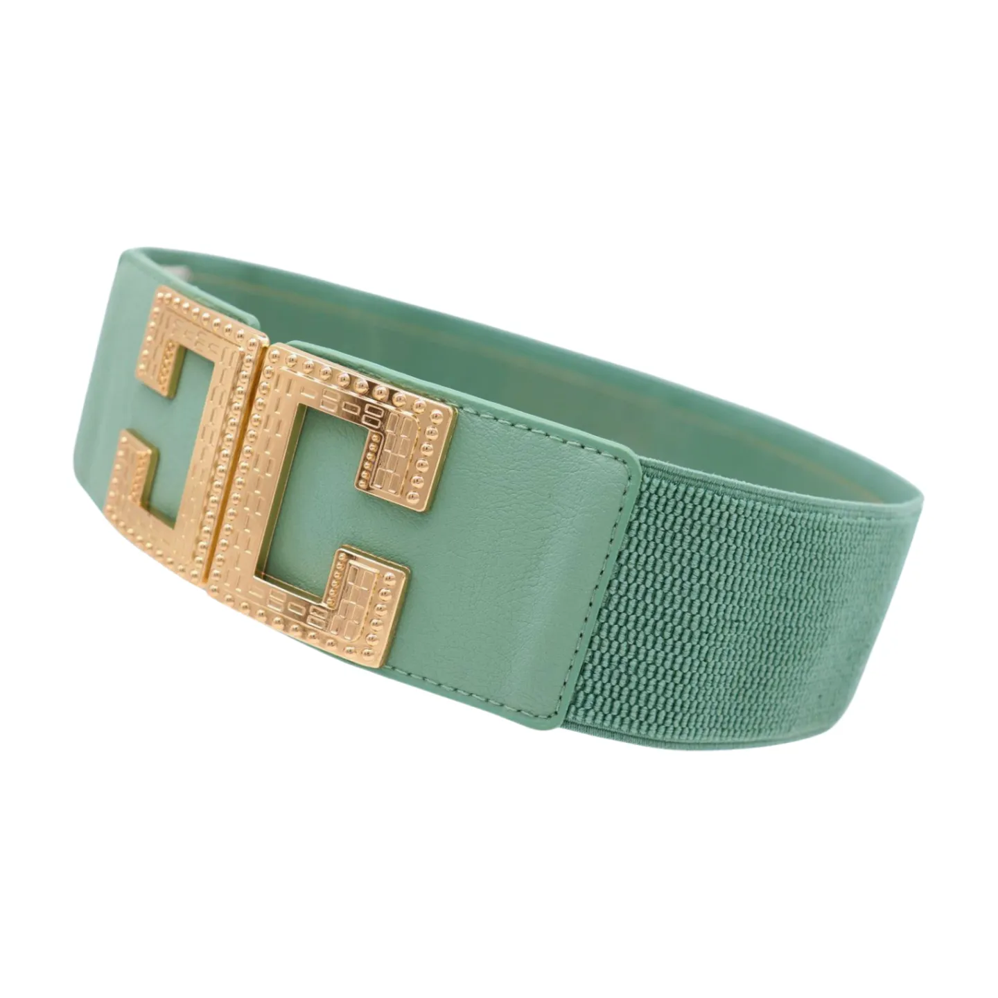 Women Jade Teal Elastic Wide Fashion Belt Hip Waist Gold Metal C Buckle S M