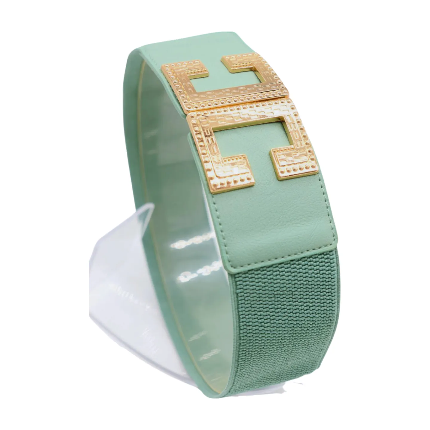 Women Jade Teal Elastic Wide Fashion Belt Hip Waist Gold Metal C Buckle S M