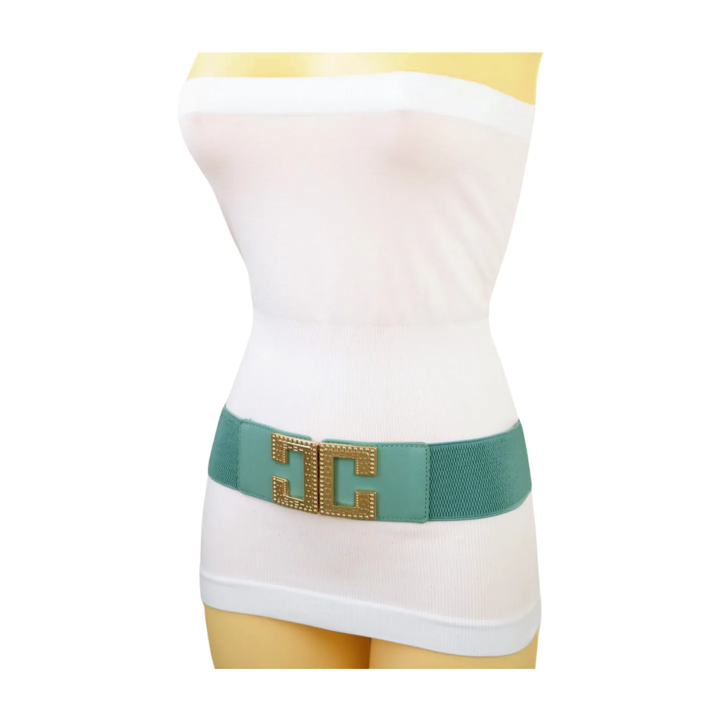 Women Jade Teal Elastic Wide Fashion Belt Hip Waist Gold Metal C Buckle S M