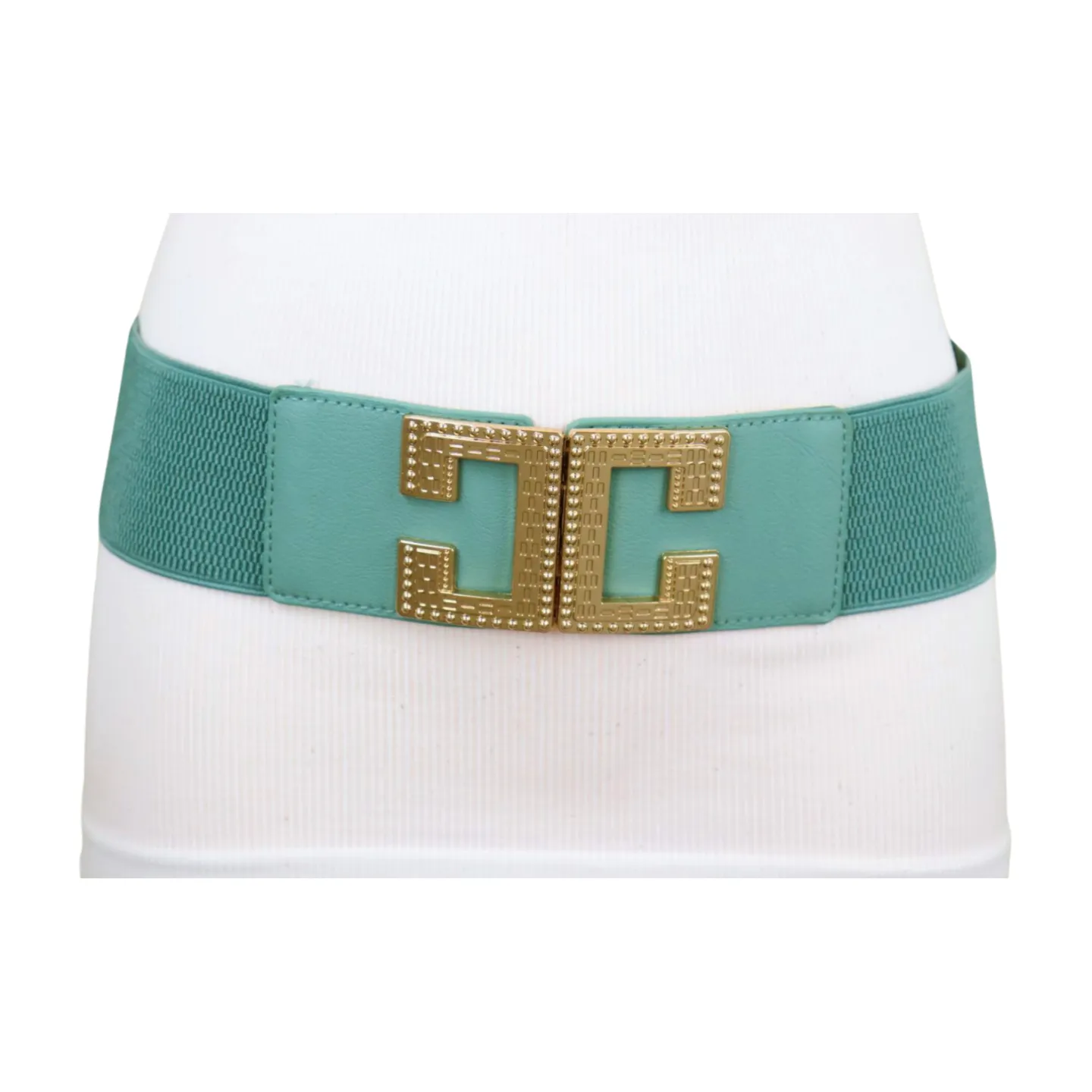 Women Jade Teal Elastic Wide Fashion Belt Hip Waist Gold Metal C Buckle S M