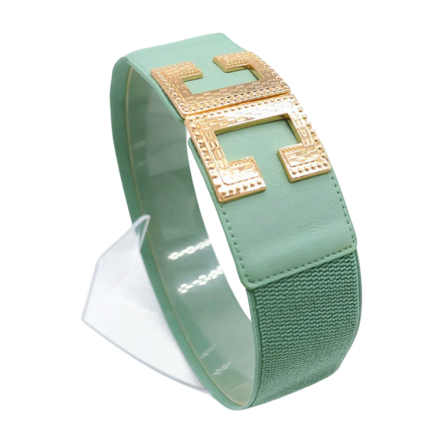 Women Jade Teal Elastic Wide Fashion Belt Hip Waist Gold Metal C Buckle S M