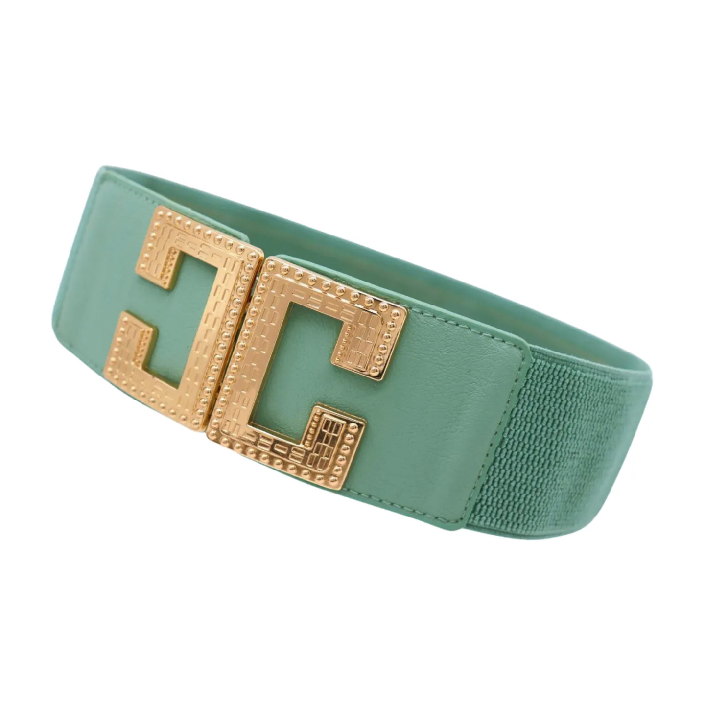 Women Jade Teal Elastic Wide Fashion Belt Hip Waist Gold Metal C Buckle S M