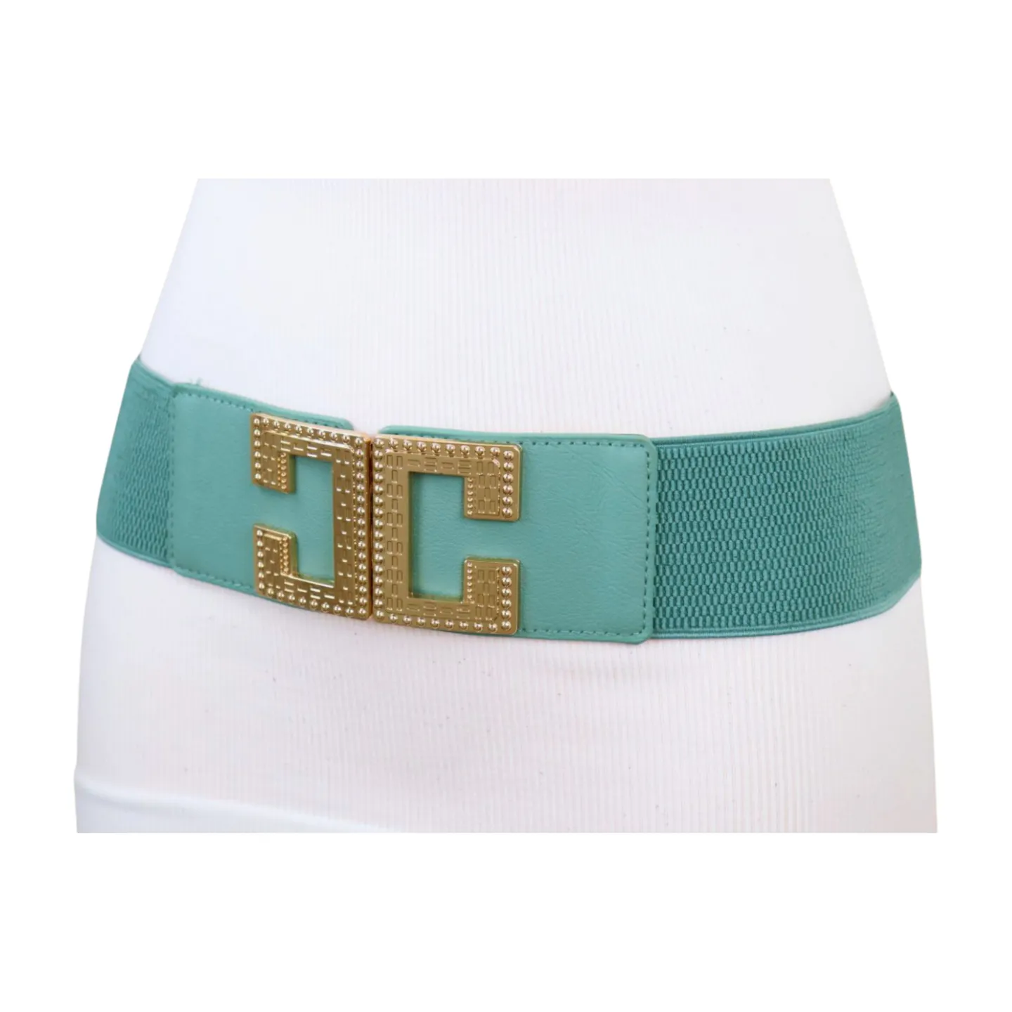 Women Jade Teal Elastic Wide Fashion Belt Hip Waist Gold Metal C Buckle S M