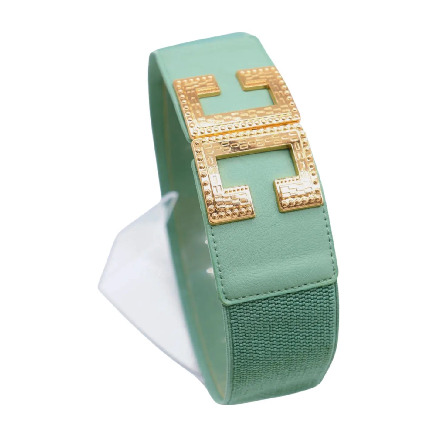 Women Jade Teal Elastic Wide Fashion Belt Hip Waist Gold Metal C Buckle S M