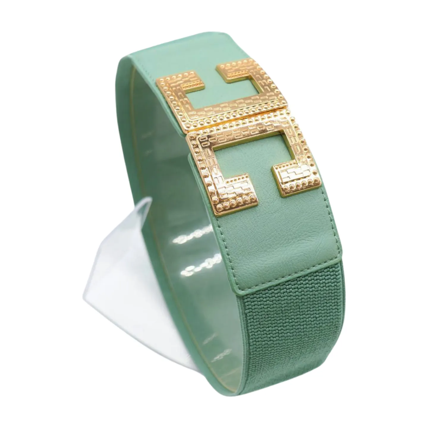 Women Jade Teal Elastic Wide Fashion Belt Hip Waist Gold Metal C Buckle S M