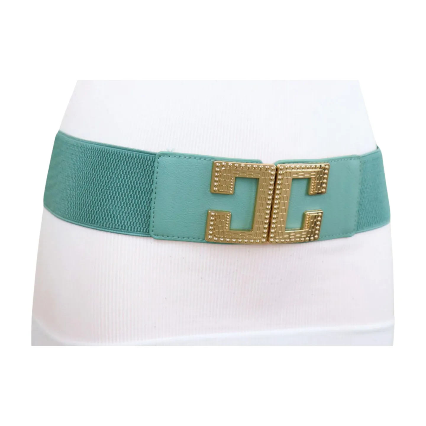 Women Jade Teal Elastic Wide Fashion Belt Hip Waist Gold Metal C Buckle S M