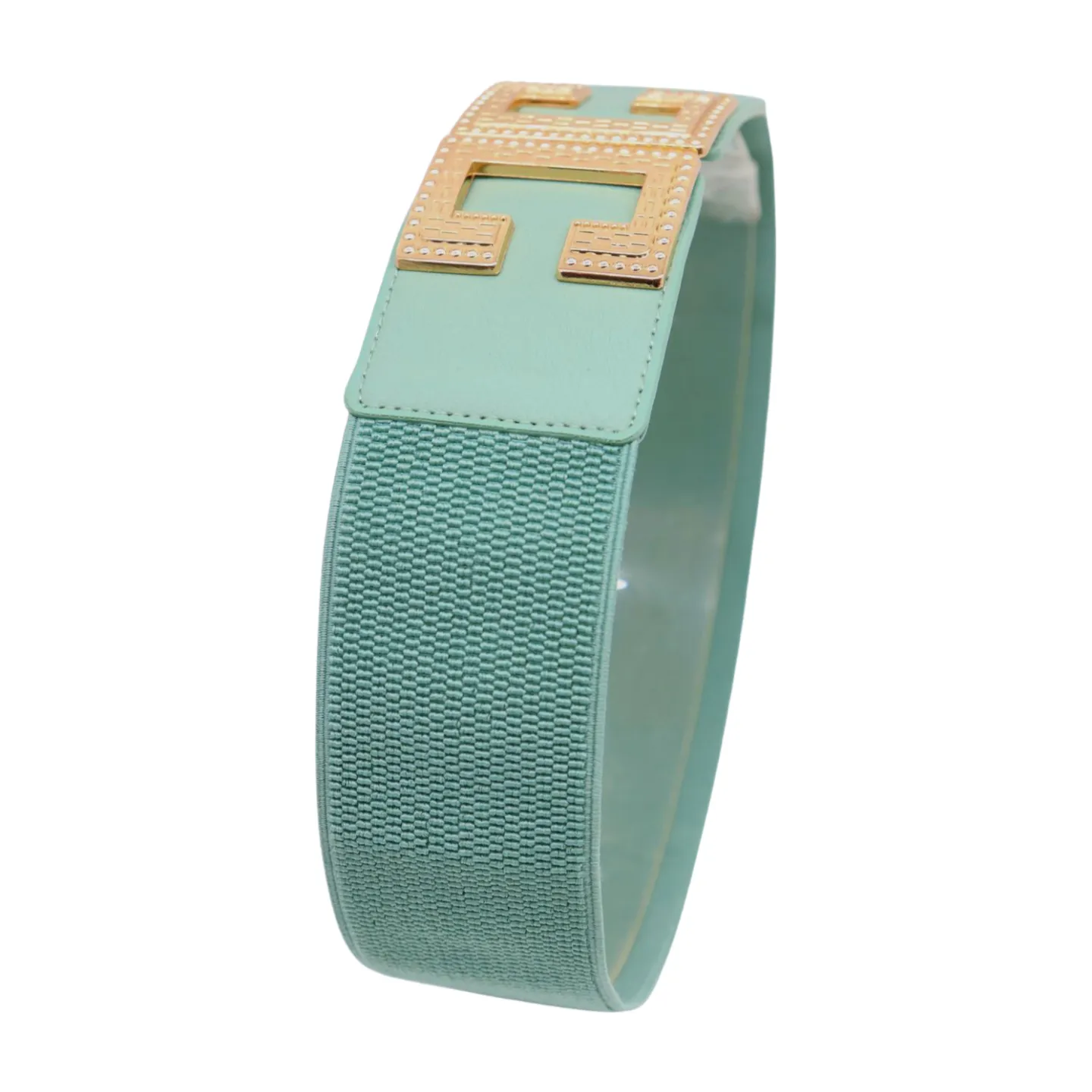 Women Jade Teal Elastic Wide Fashion Belt Hip Waist Gold Metal C Buckle S M