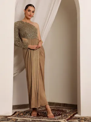 Women's Dark Beige One Shoulder Full-Sleeve Embellished Draped Velvet Maxi Dress