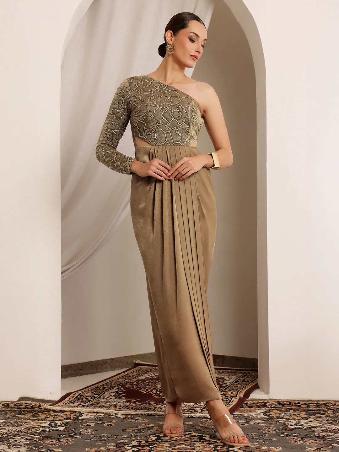 Women's Dark Beige One Shoulder Full-Sleeve Embellished Draped Velvet Maxi Dress