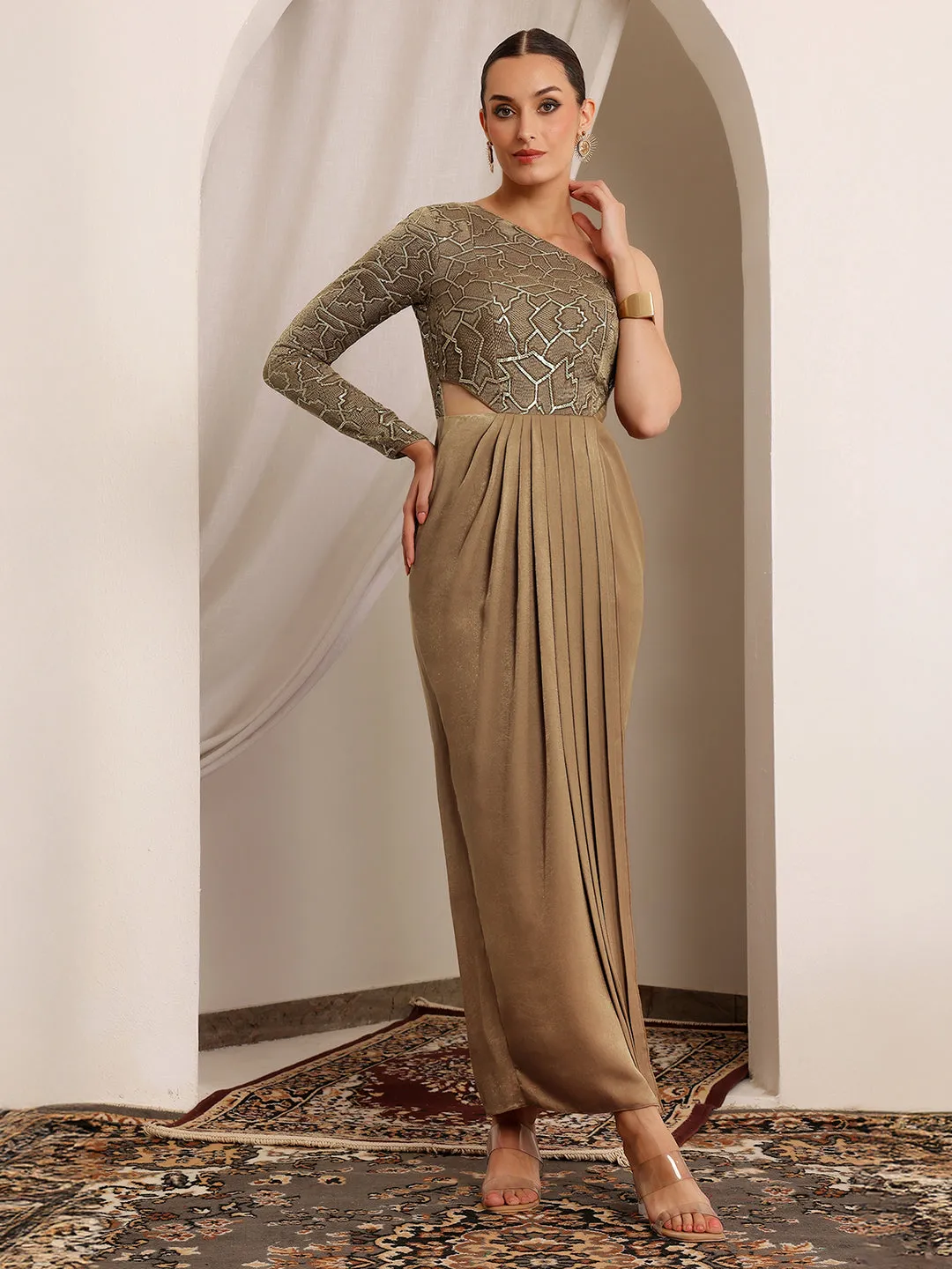 Women's Dark Beige One Shoulder Full-Sleeve Embellished Draped Velvet Maxi Dress
