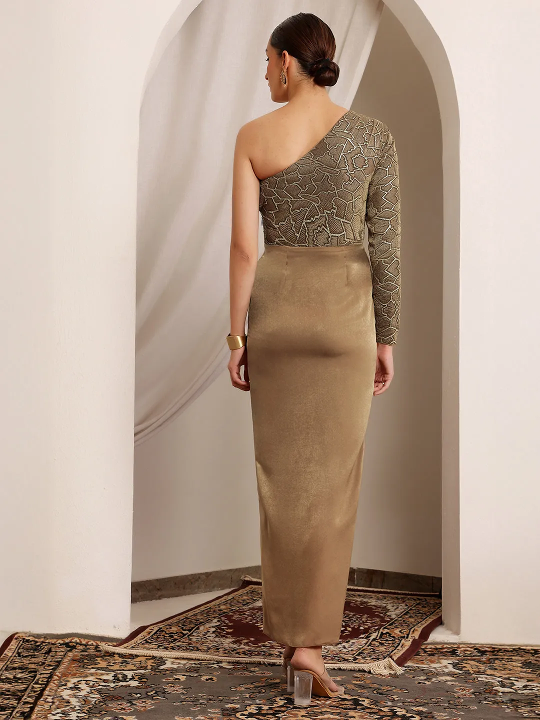 Women's Dark Beige One Shoulder Full-Sleeve Embellished Draped Velvet Maxi Dress
