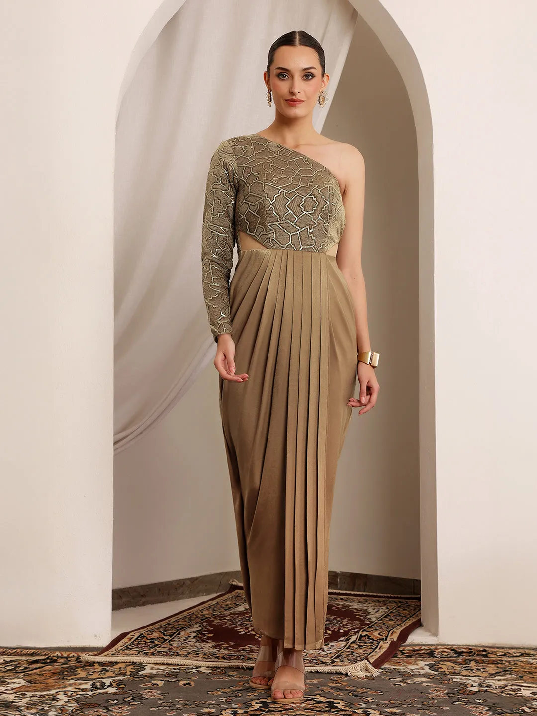 Women's Dark Beige One Shoulder Full-Sleeve Embellished Draped Velvet Maxi Dress