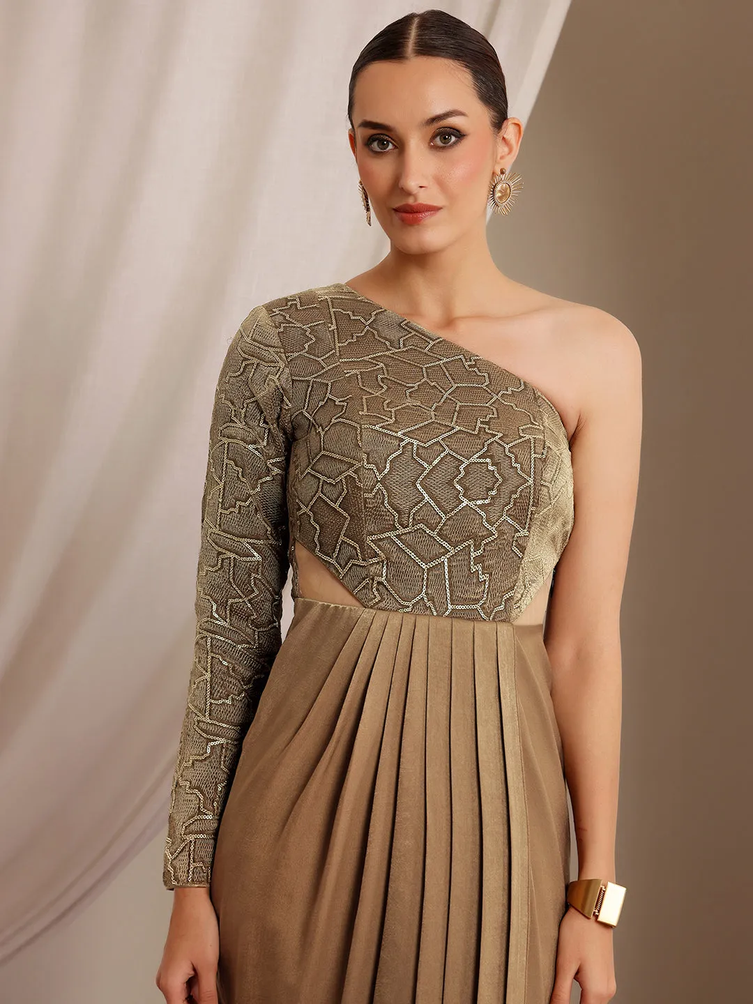Women's Dark Beige One Shoulder Full-Sleeve Embellished Draped Velvet Maxi Dress
