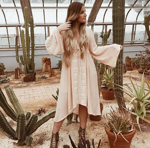 Women's Long sleeve Floral Embroidered Cotton Long Dress