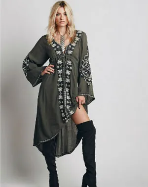 Women's Long sleeve Floral Embroidered Cotton Long Dress