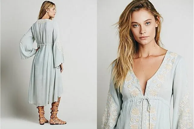 Women's Long sleeve Floral Embroidered Cotton Long Dress