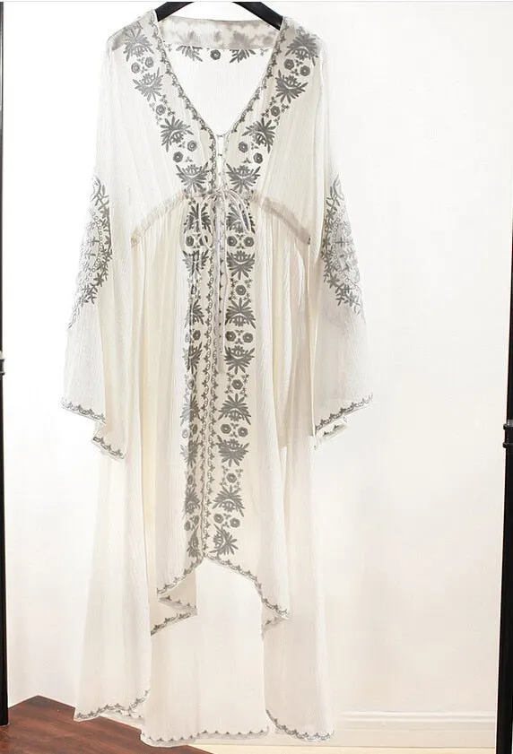 Women's Long sleeve Floral Embroidered Cotton Long Dress