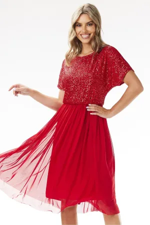 Women's Red Sequined Bodice Chiffon Midi Evening Dress