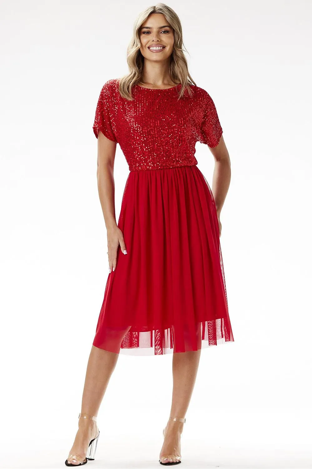 Women's Red Sequined Bodice Chiffon Midi Evening Dress