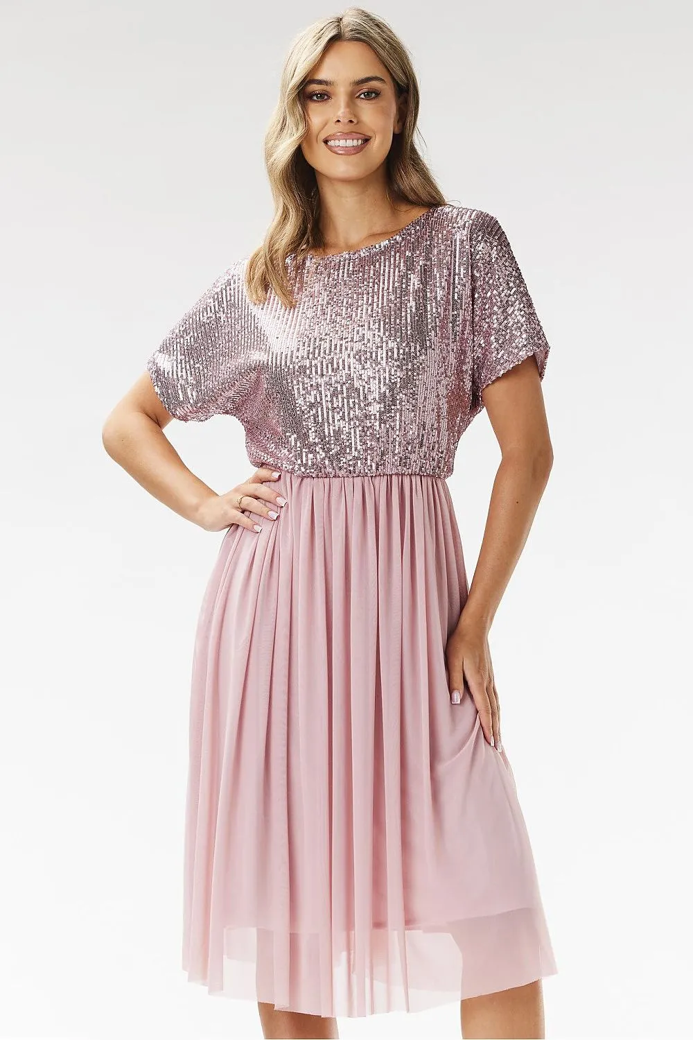 Women's Red Sequined Bodice Chiffon Midi Evening Dress