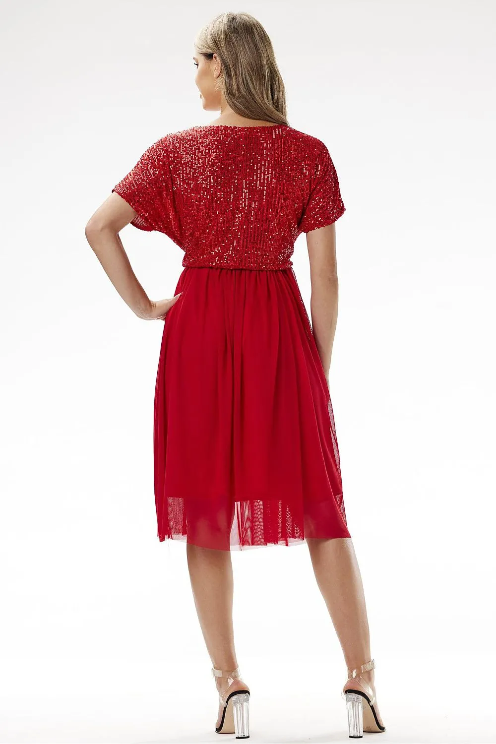 Women's Red Sequined Bodice Chiffon Midi Evening Dress