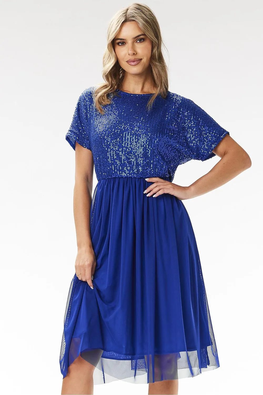 Women's Red Sequined Bodice Chiffon Midi Evening Dress