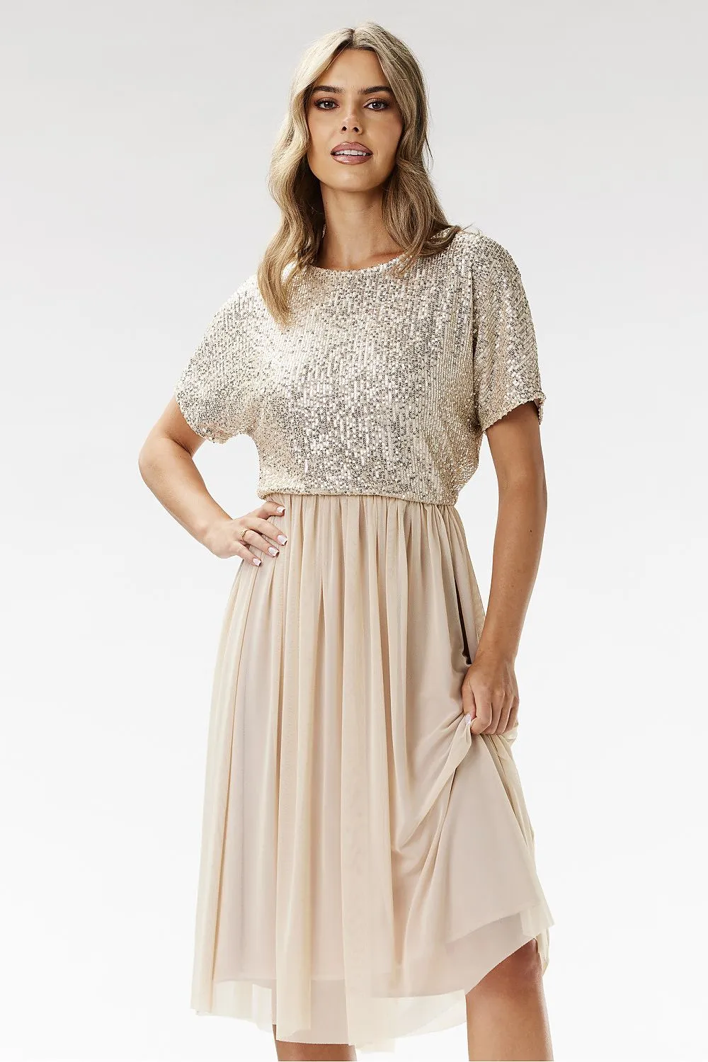 Women's Red Sequined Bodice Chiffon Midi Evening Dress