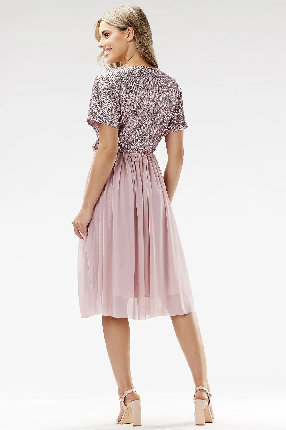 Women's Red Sequined Bodice Chiffon Midi Evening Dress