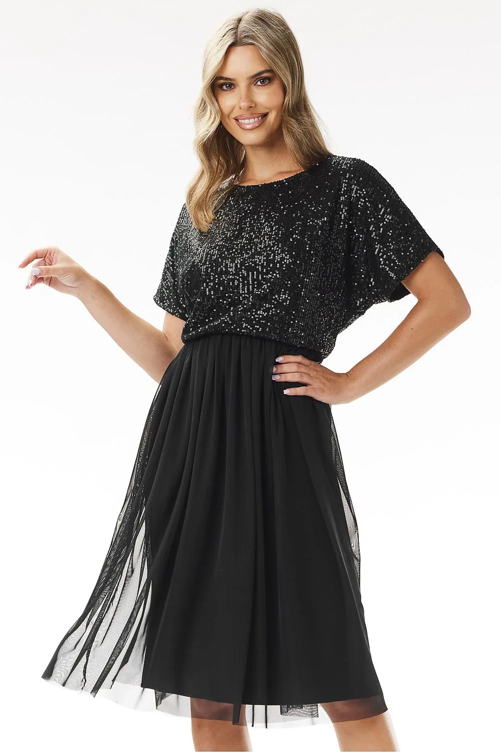 Women's Red Sequined Bodice Chiffon Midi Evening Dress