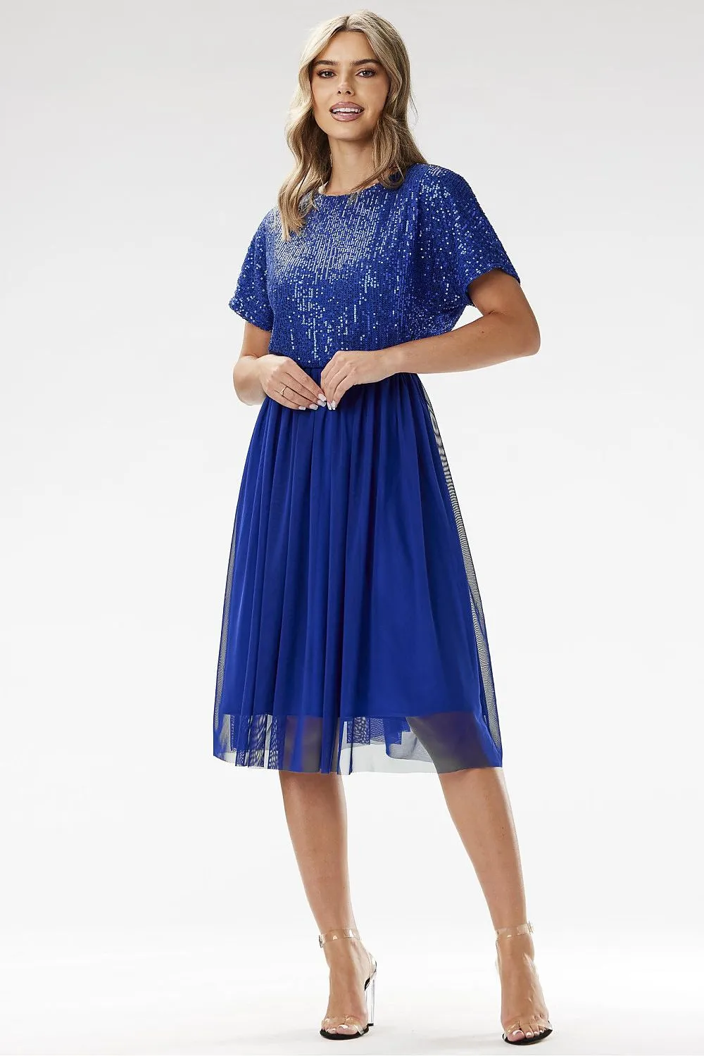 Women's Red Sequined Bodice Chiffon Midi Evening Dress