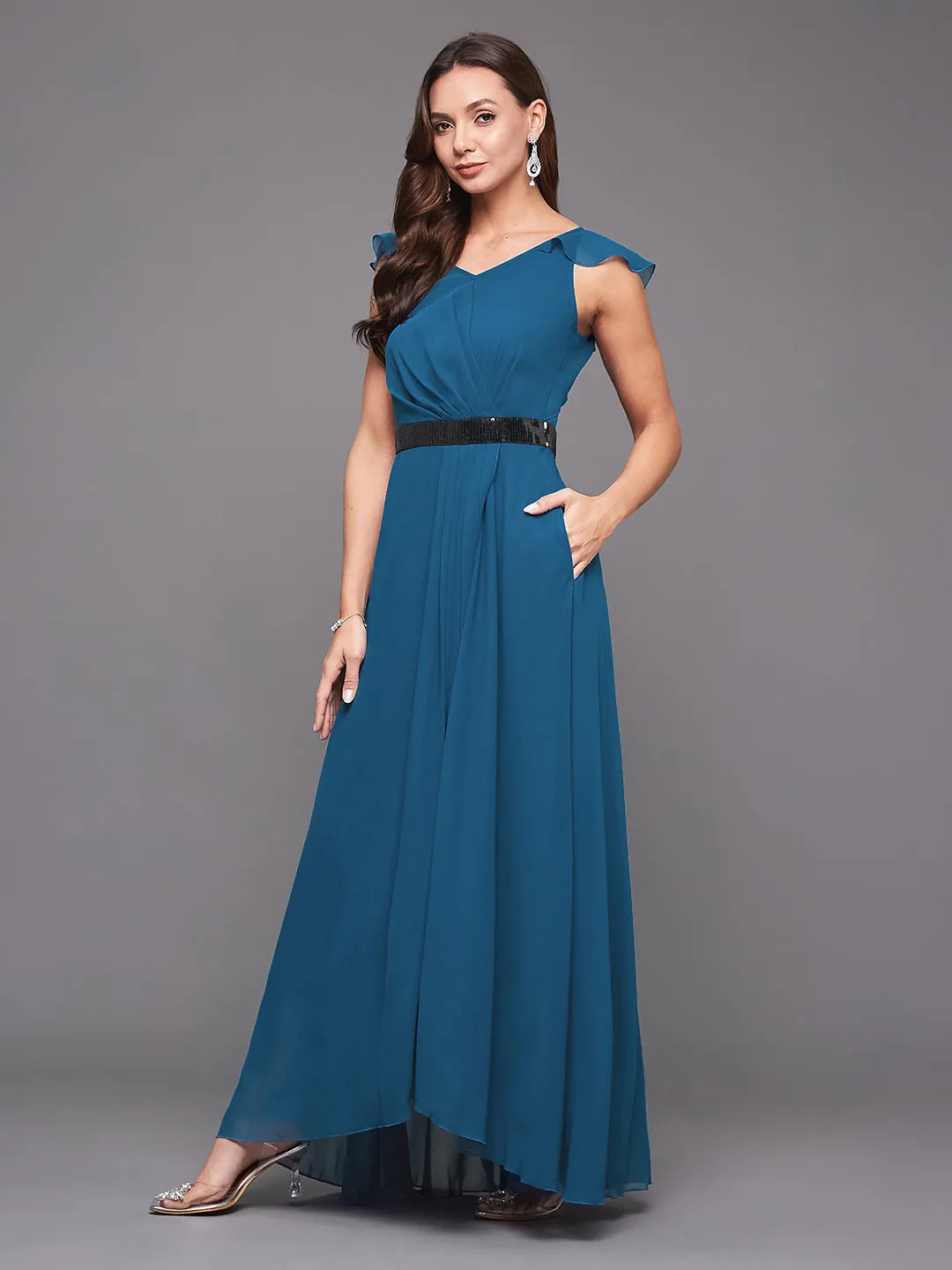 Women's Royal Blue V-Neck Ruffled Sleeve Solid Sequined Party Maxi Dress