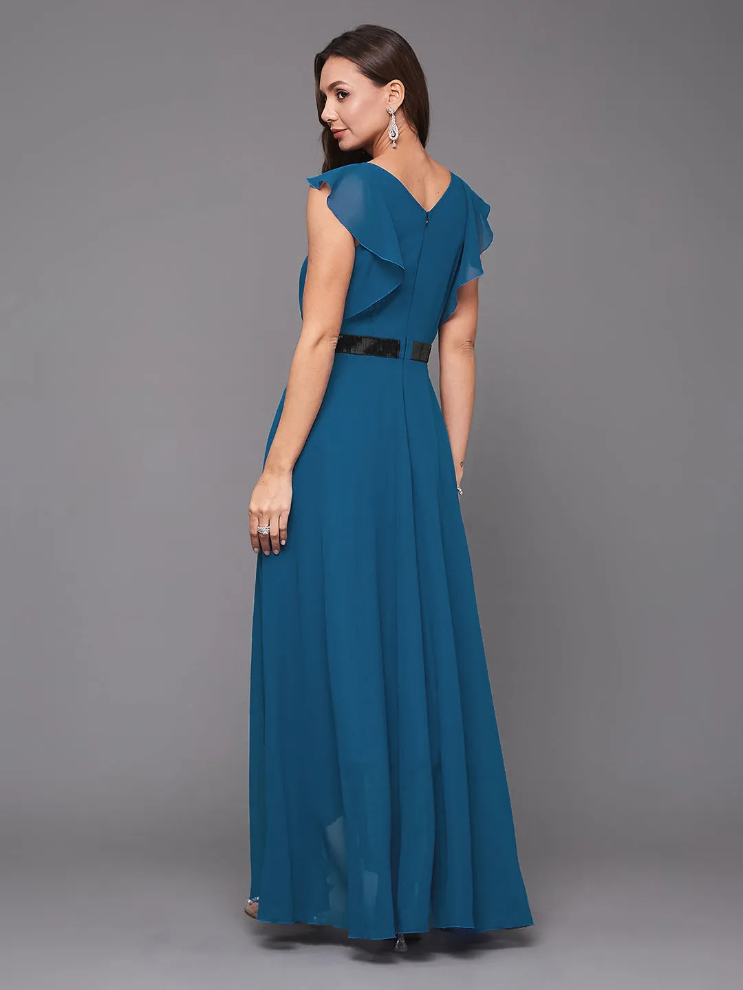 Women's Royal Blue V-Neck Ruffled Sleeve Solid Sequined Party Maxi Dress