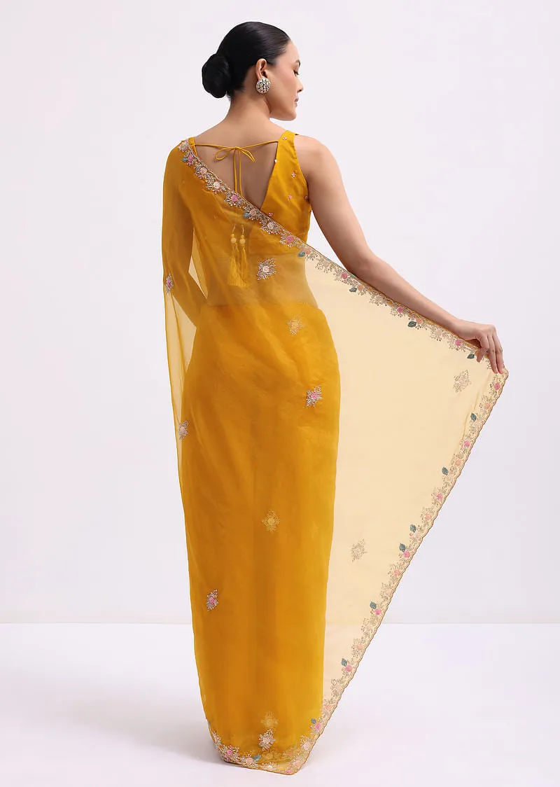Yellow Organza Saree In 3D Sequins