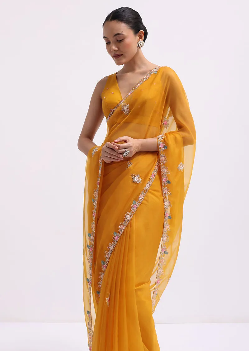 Yellow Organza Saree In 3D Sequins