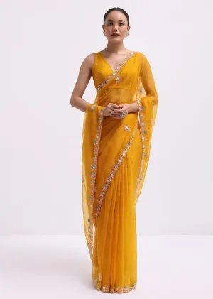 Yellow Organza Saree In 3D Sequins