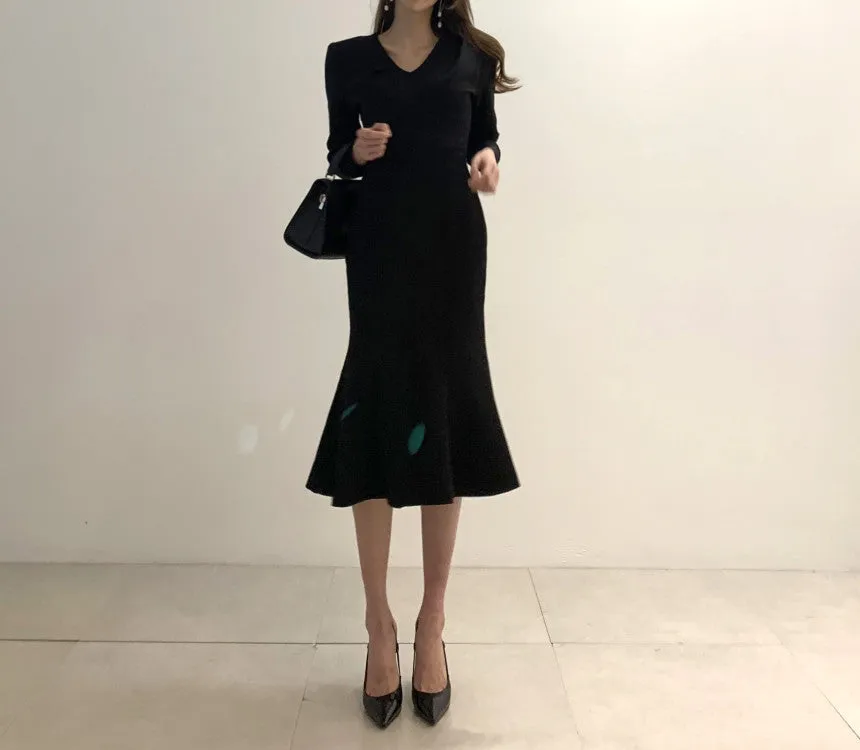 Zipper Splicing Fishtail Pleated Midi Dress