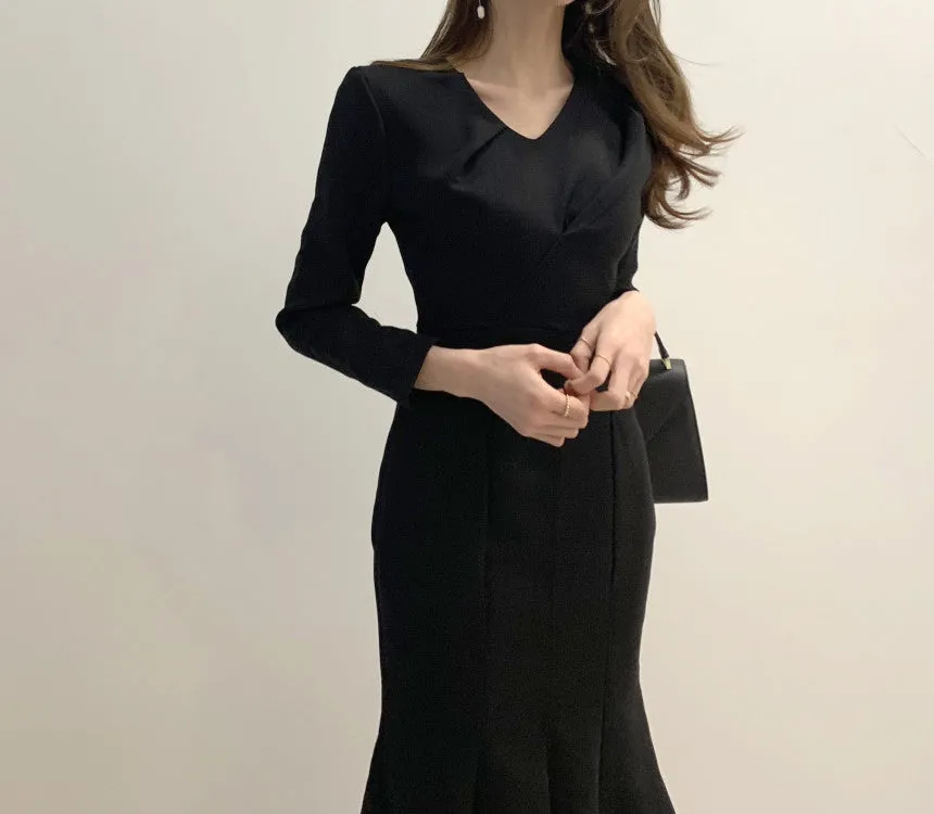 Zipper Splicing Fishtail Pleated Midi Dress