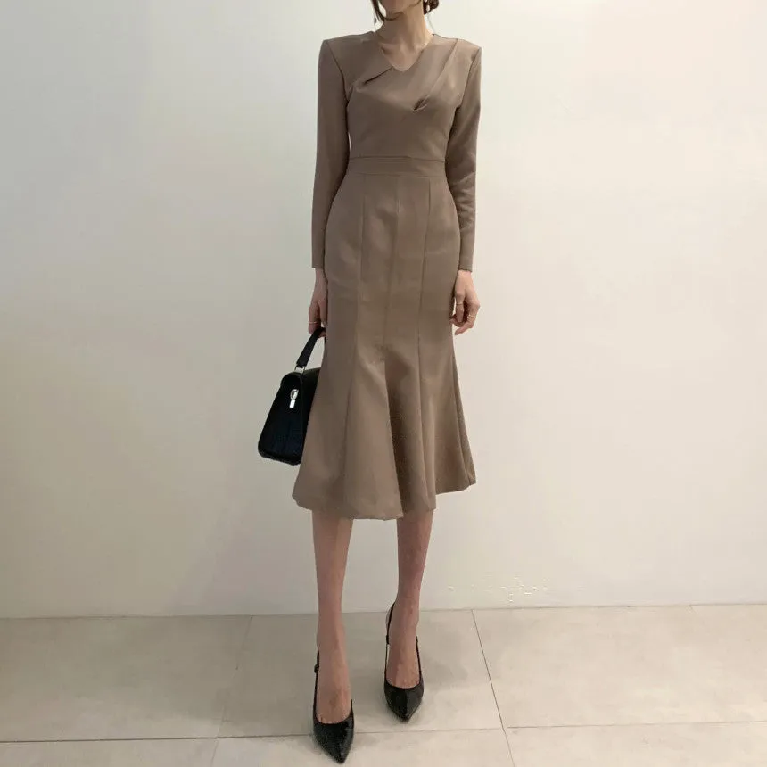Zipper Splicing Fishtail Pleated Midi Dress