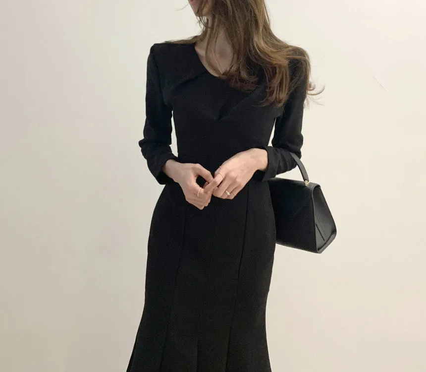 Zipper Splicing Fishtail Pleated Midi Dress