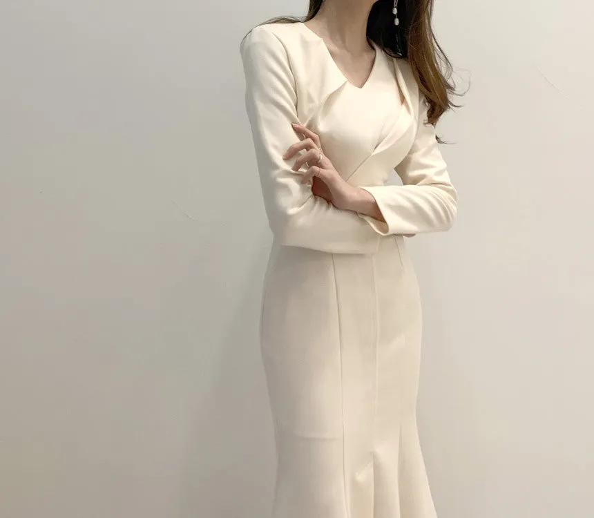 Zipper Splicing Fishtail Pleated Midi Dress