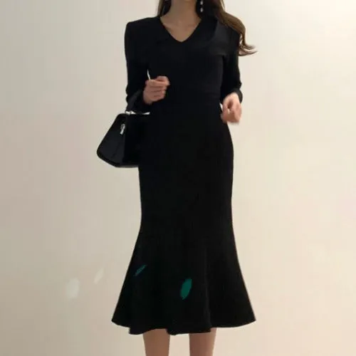 Zipper Splicing Fishtail Pleated Midi Dress