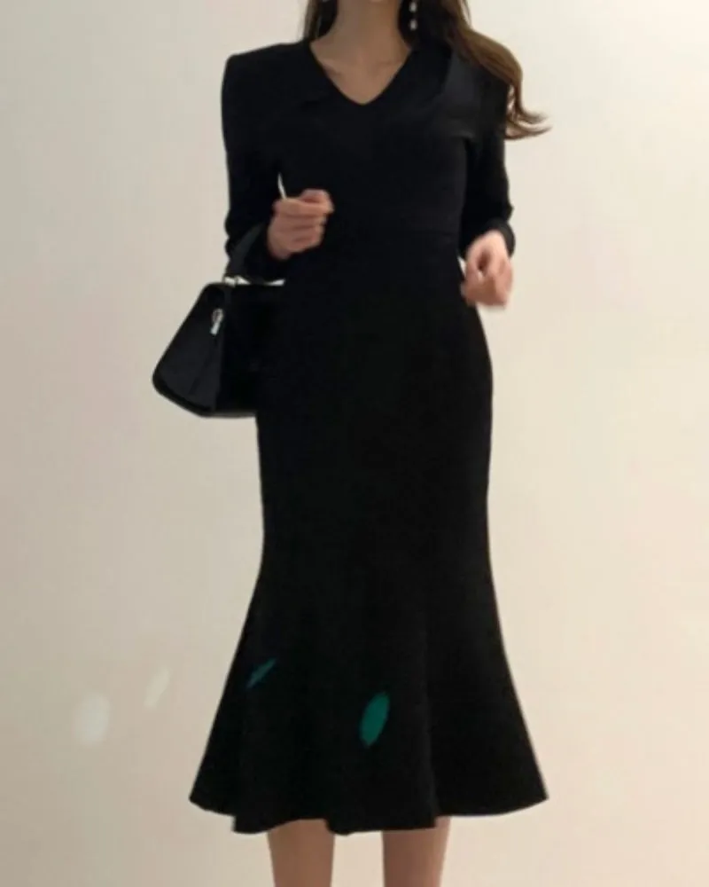 Zipper Splicing Fishtail Pleated Midi Dress