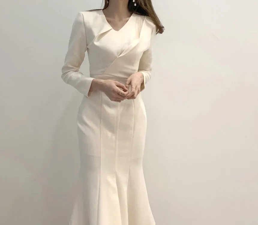 Zipper Splicing Fishtail Pleated Midi Dress
