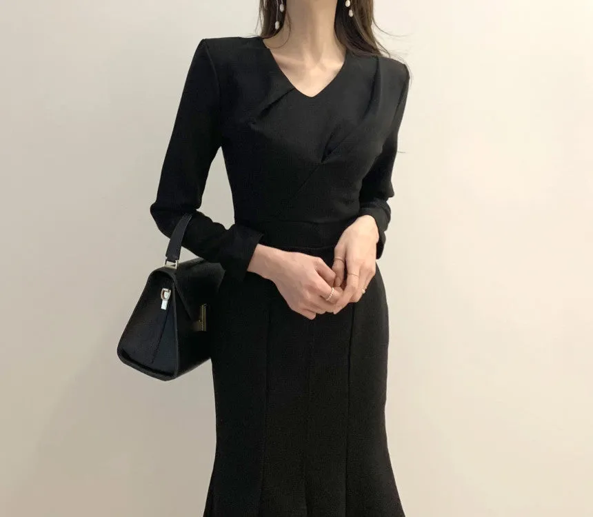 Zipper Splicing Fishtail Pleated Midi Dress